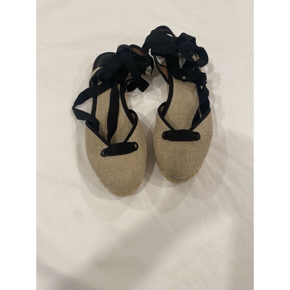 Tabitha Simmons Linen Ankle Wrap Flat Sandals EU 39/US 8 Espadrille Tan Canvas - Picture 7 of 14